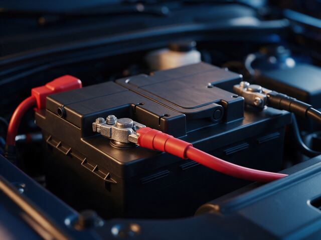 Bilbatteri med kabelklemmer i motorrommet